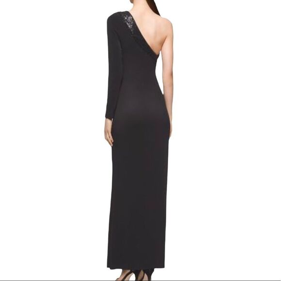 Calvin klein One Shoulder Single Sleeve Sexy Sequin Trim Floor Length Dress Gown - Picture 3 of 11